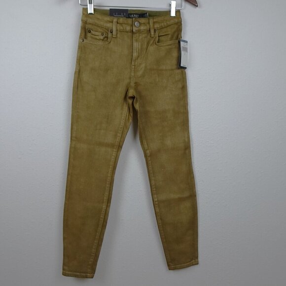 Ralph Lauren Skinny Ankle Jeans Women's Size 0 Gold Metallic High Rise Coated - Picture 2 of 12